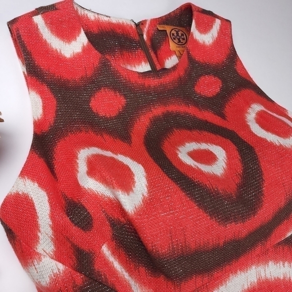 Tory Burch Red Cream Brown Linen Dress Sz 4 - Picture 5 of 12